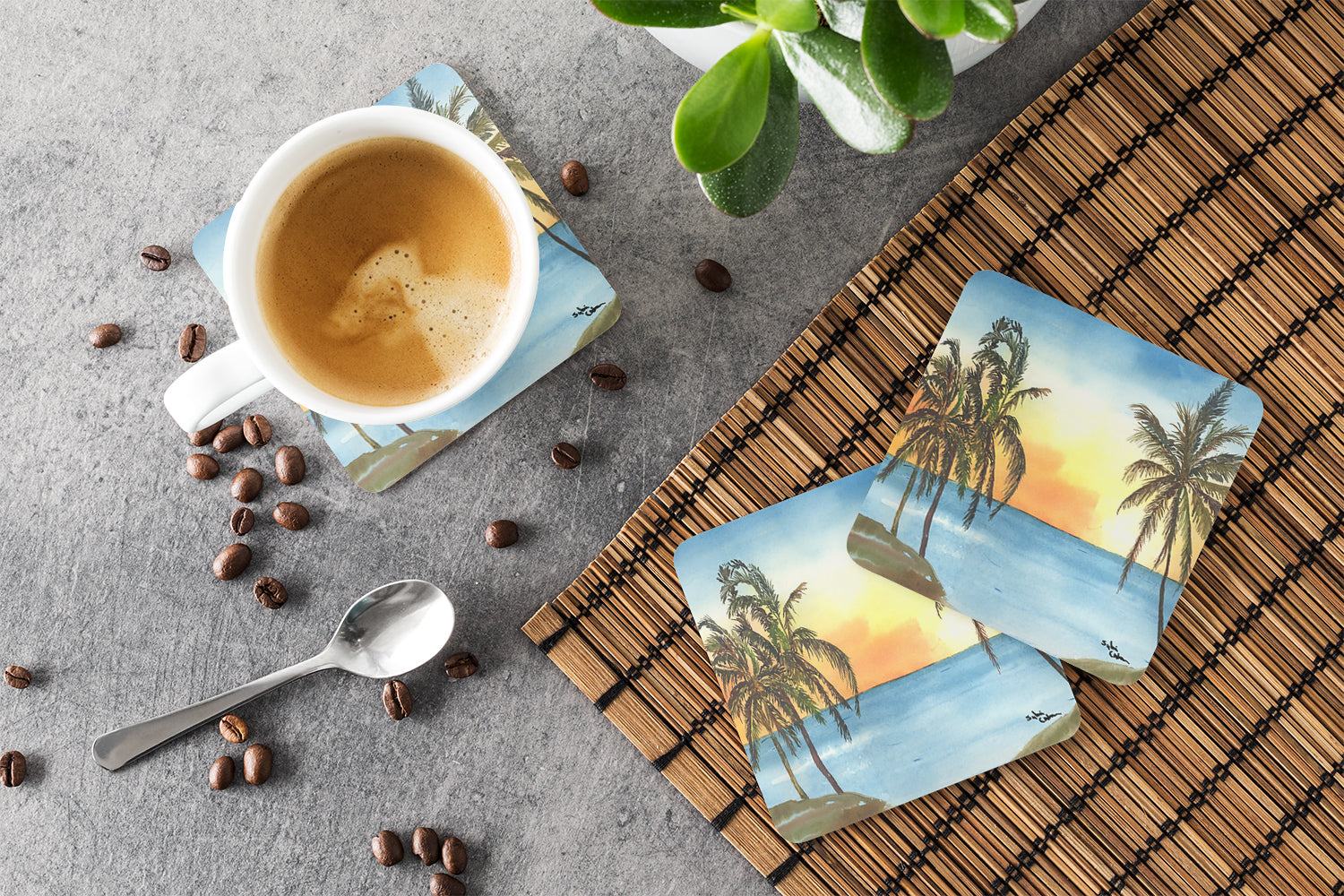 Palm Tree Foam Coasters Set of 4 Cup Coasters for Indoor Outdoor, Tabletop Protection, Anti Slip, Mouse pad Material