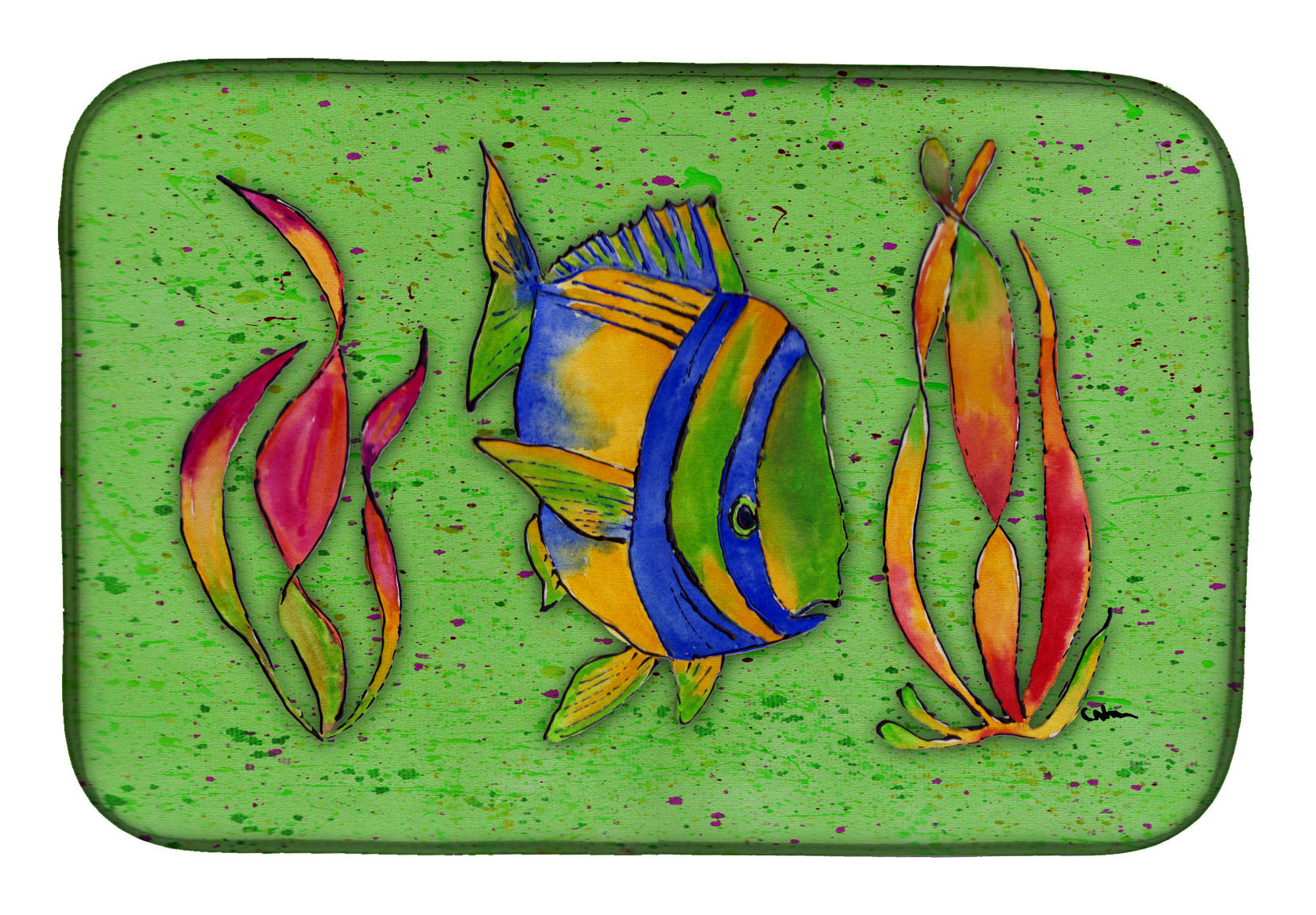 Tropical Fish on Green Dish Drying Mat Absorbent Dish Drying Mat Pad for Kitchen Counter Dish Drainer Mat for Countertop, 14 x 21", Multicolor