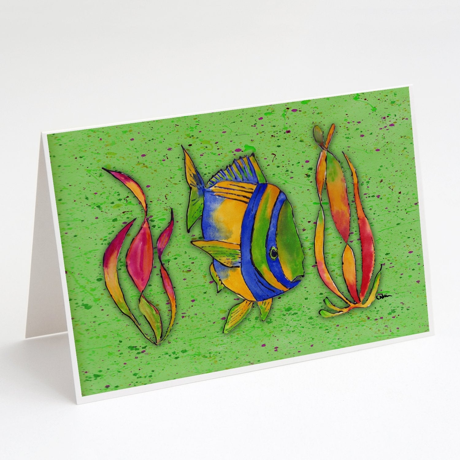 Tropical Fish on Green Greeting Cards Pack of 8 Blank Cards with Envelopes Whimsical A7 Size 5x7