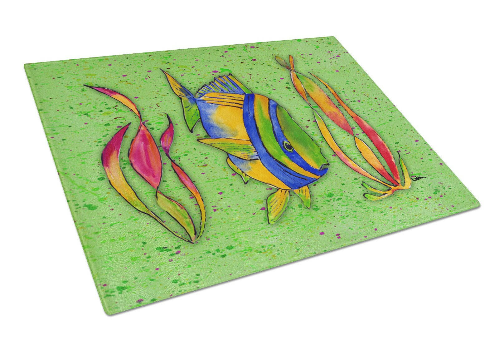 Tropical Fish on Green Cutting Board Tempered Glass Kitchen Cutting Surface, Heat Resistant Chopping, Non-Slip Feet, Food Prep & Serving