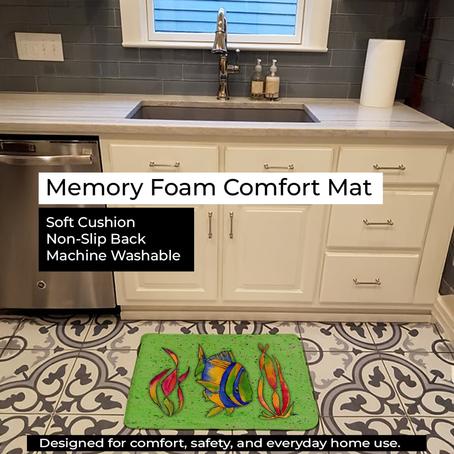 Tropical Fish on Green Memory Foam Kitchen Mat Machine Washable Anti-Fatigue Cushion Comfort Bath or Kitchen Rug