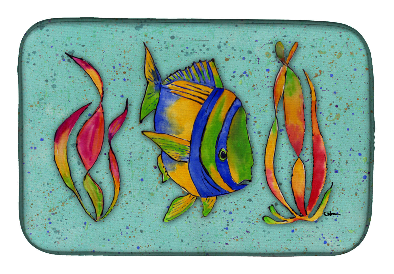Tropical Fish on Teal Dish Drying Mat Absorbent Dish Drying Mat Pad for Kitchen Counter Dish Drainer Mat for Countertop, 14 x 21", Multicolor