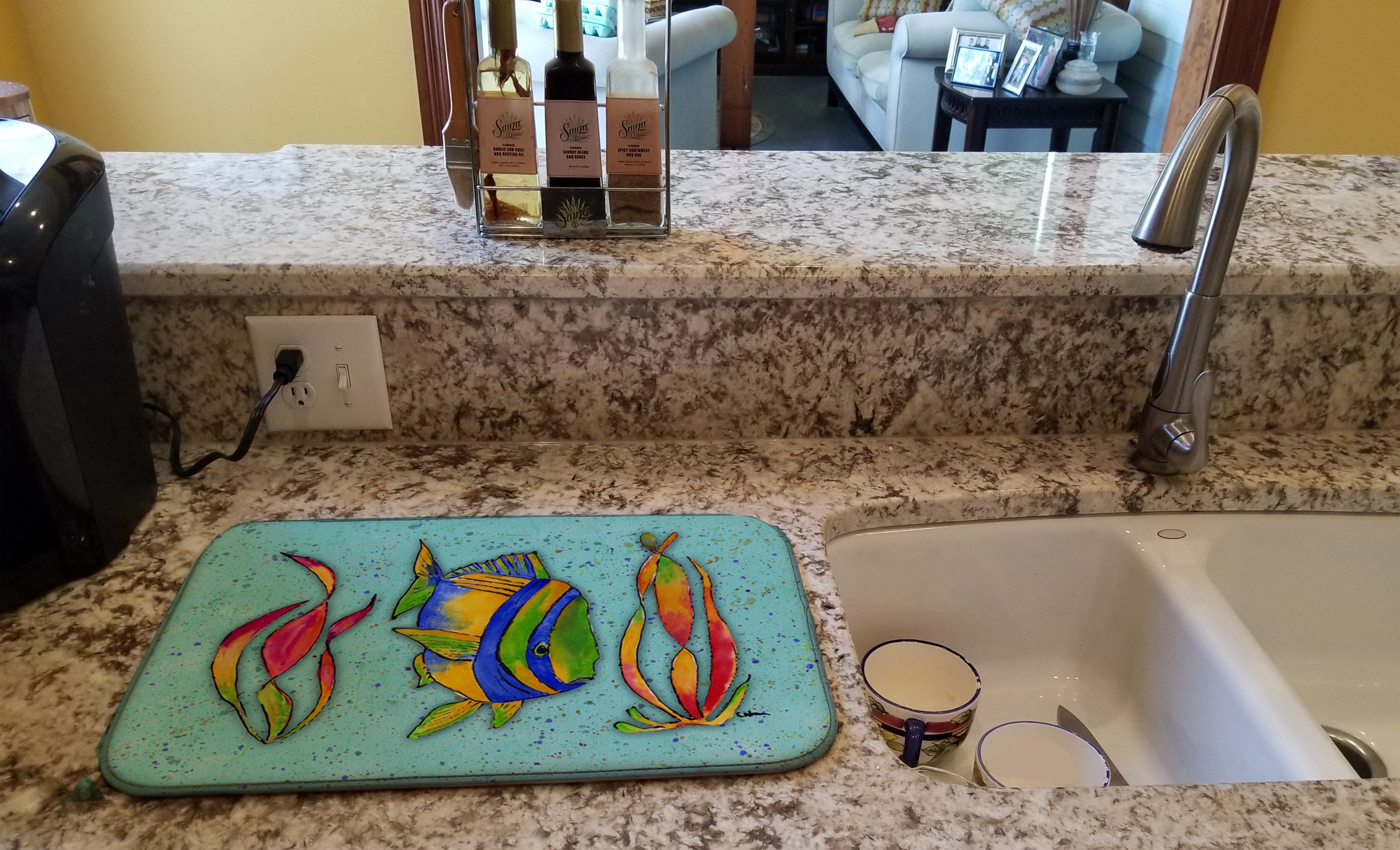 Tropical Fish on Teal Dish Drying Mat Absorbent Dish Drying Mat Pad for Kitchen Counter Dish Drainer Mat for Countertop, 14 x 21", Multicolor