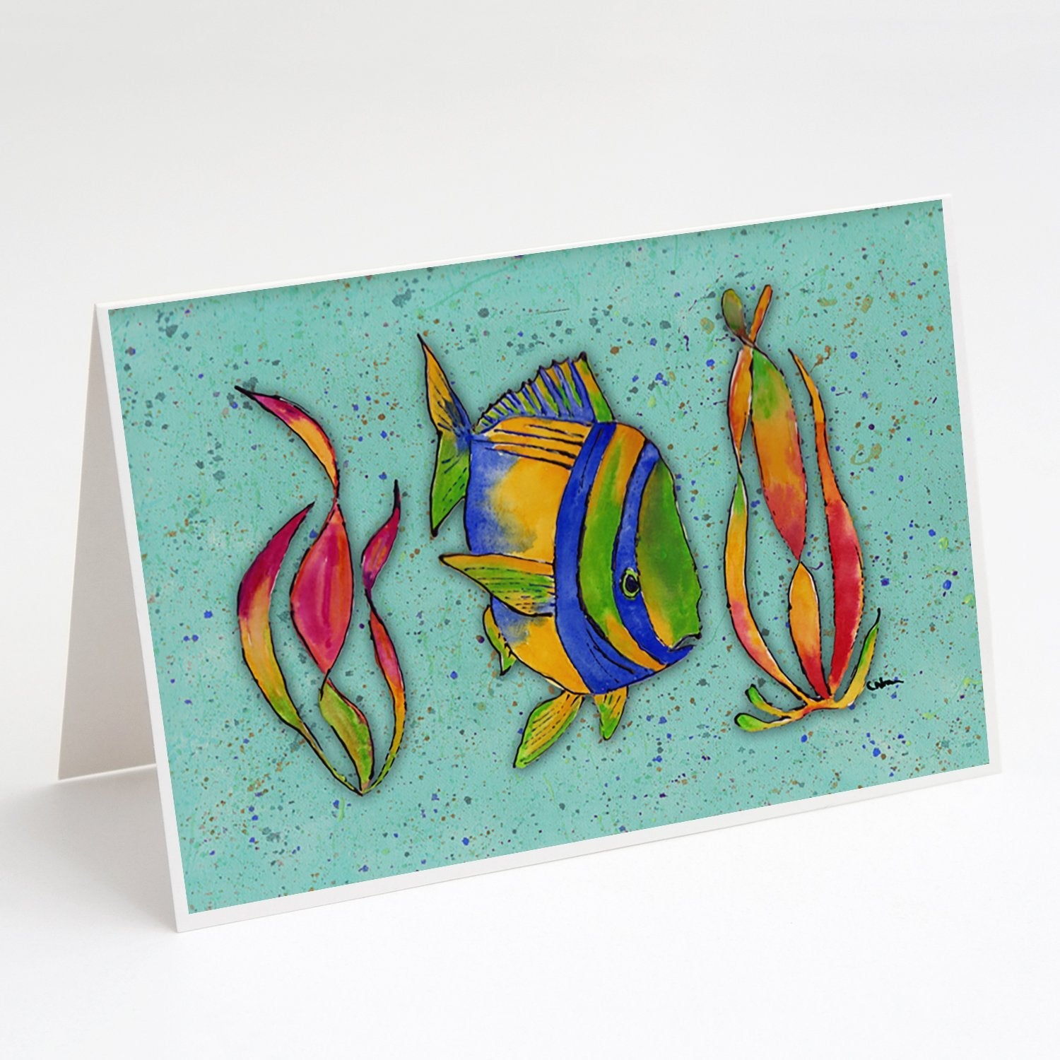 Tropical Fish on Teal Greeting Cards Pack of 8 Blank Cards with Envelopes Whimsical A7 Size 5x7