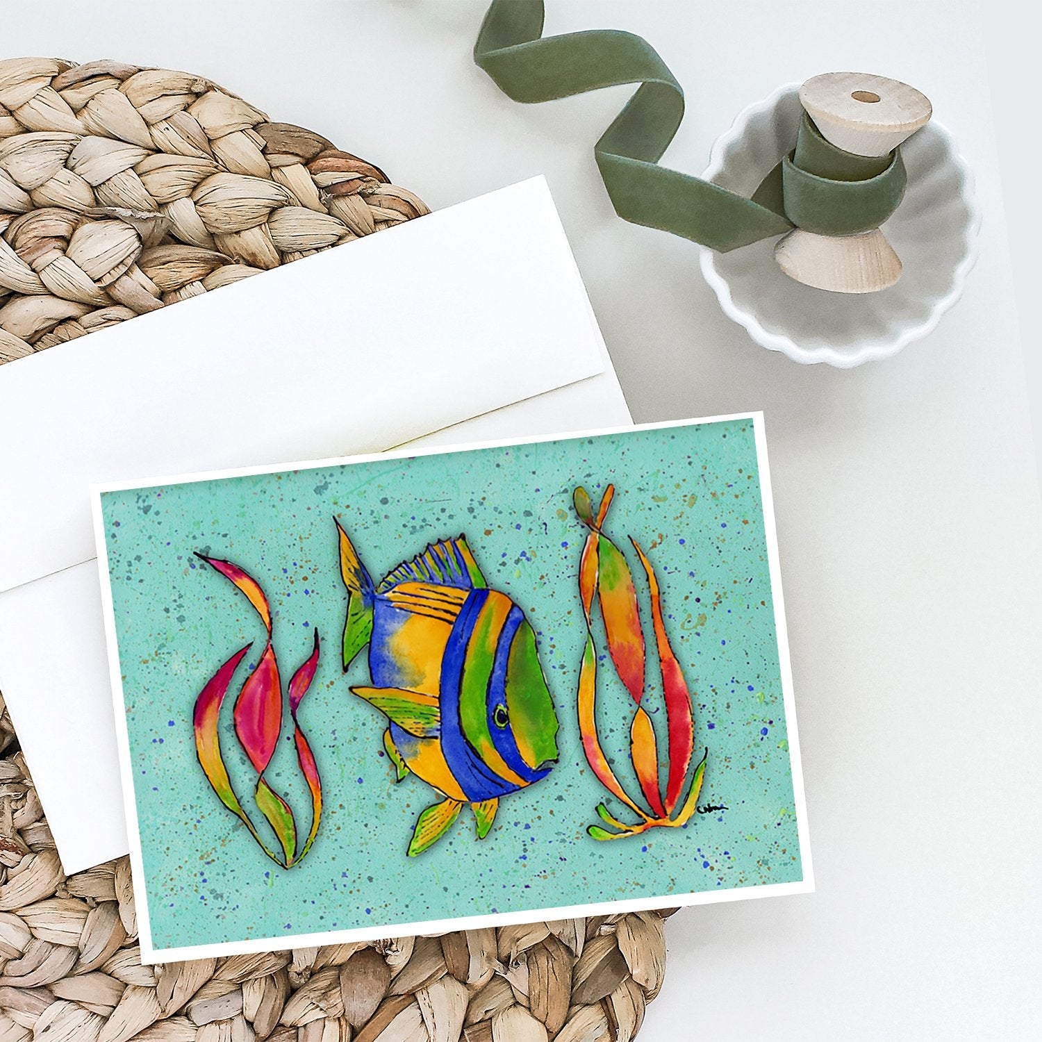 Tropical Fish on Teal Greeting Cards Pack of 8 Blank Cards with Envelopes Whimsical A7 Size 5x7