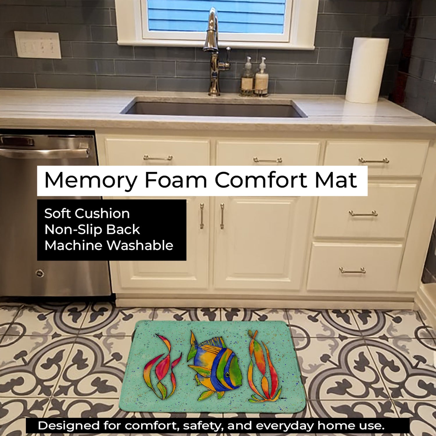 Tropical Fish on Teal Memory Foam Kitchen Mat Machine Washable Anti-Fatigue Cushion Comfort Bath or Kitchen Rug