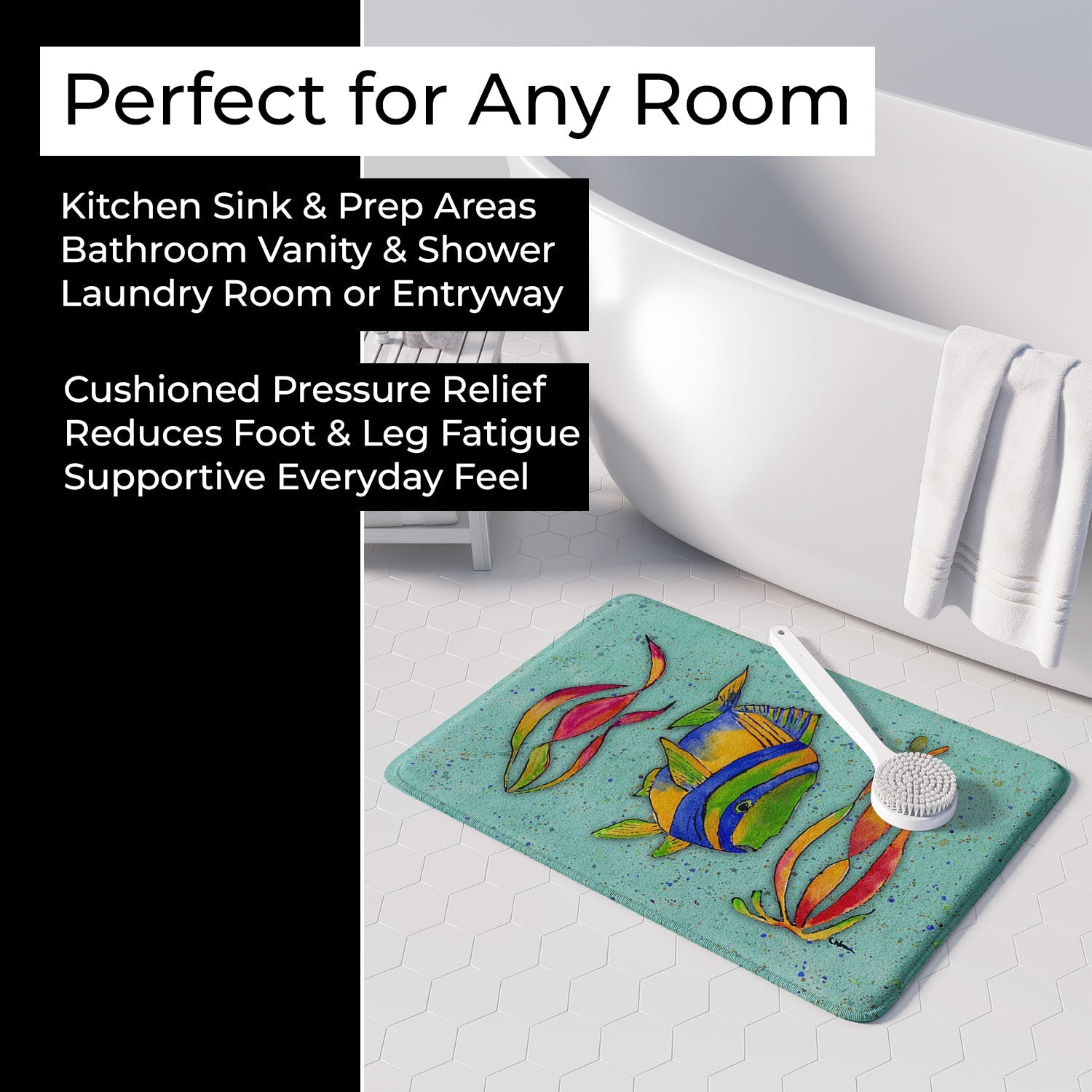 Tropical Fish on Teal Memory Foam Kitchen Mat Machine Washable Anti-Fatigue Cushion Comfort Bath or Kitchen Rug