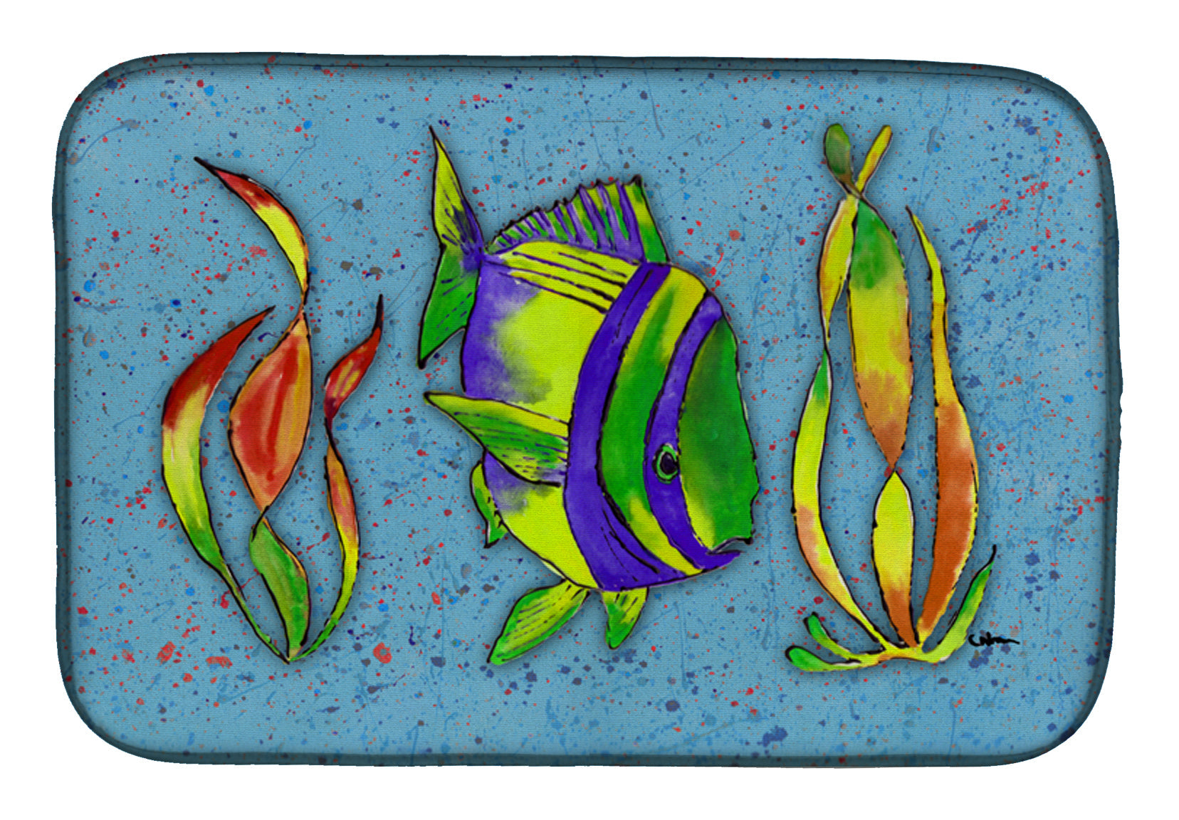 Tropical Fish on Blue Dish Drying Mat Absorbent Dish Drying Mat Pad for Kitchen Counter Dish Drainer Mat for Countertop, 14 x 21", Multicolor