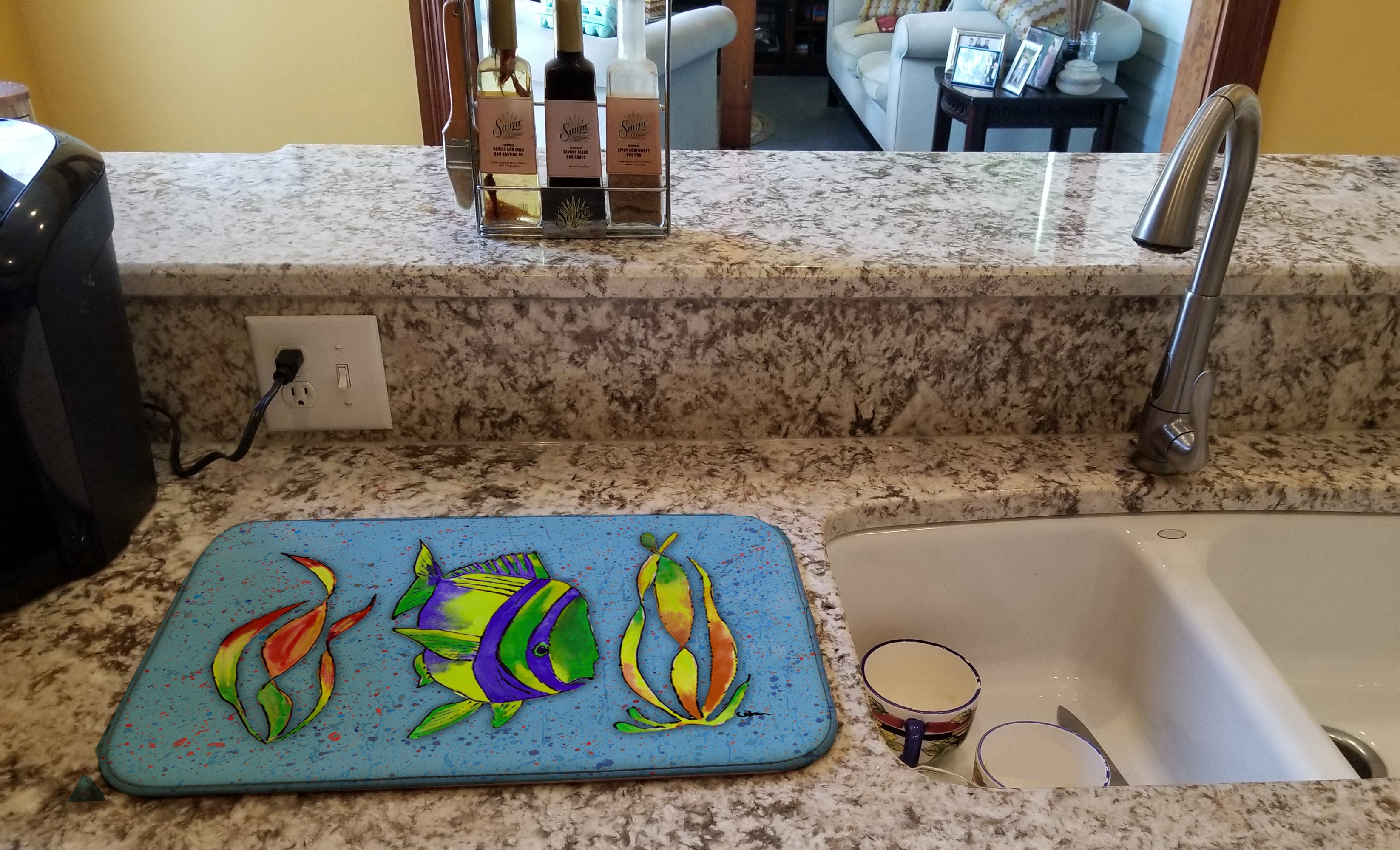 Tropical Fish on Blue Dish Drying Mat Absorbent Dish Drying Mat Pad for Kitchen Counter Dish Drainer Mat for Countertop, 14 x 21", Multicolor