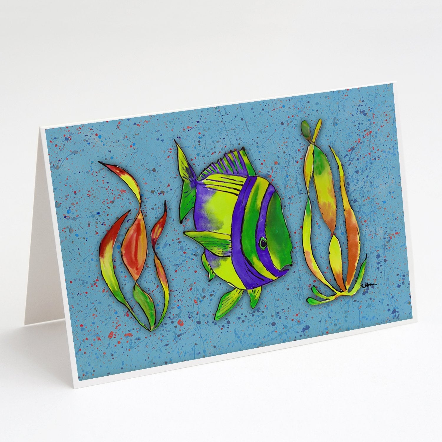 Tropical Fish on Blue Greeting Cards Pack of 8 Blank Cards with Envelopes Whimsical A7 Size 5x7