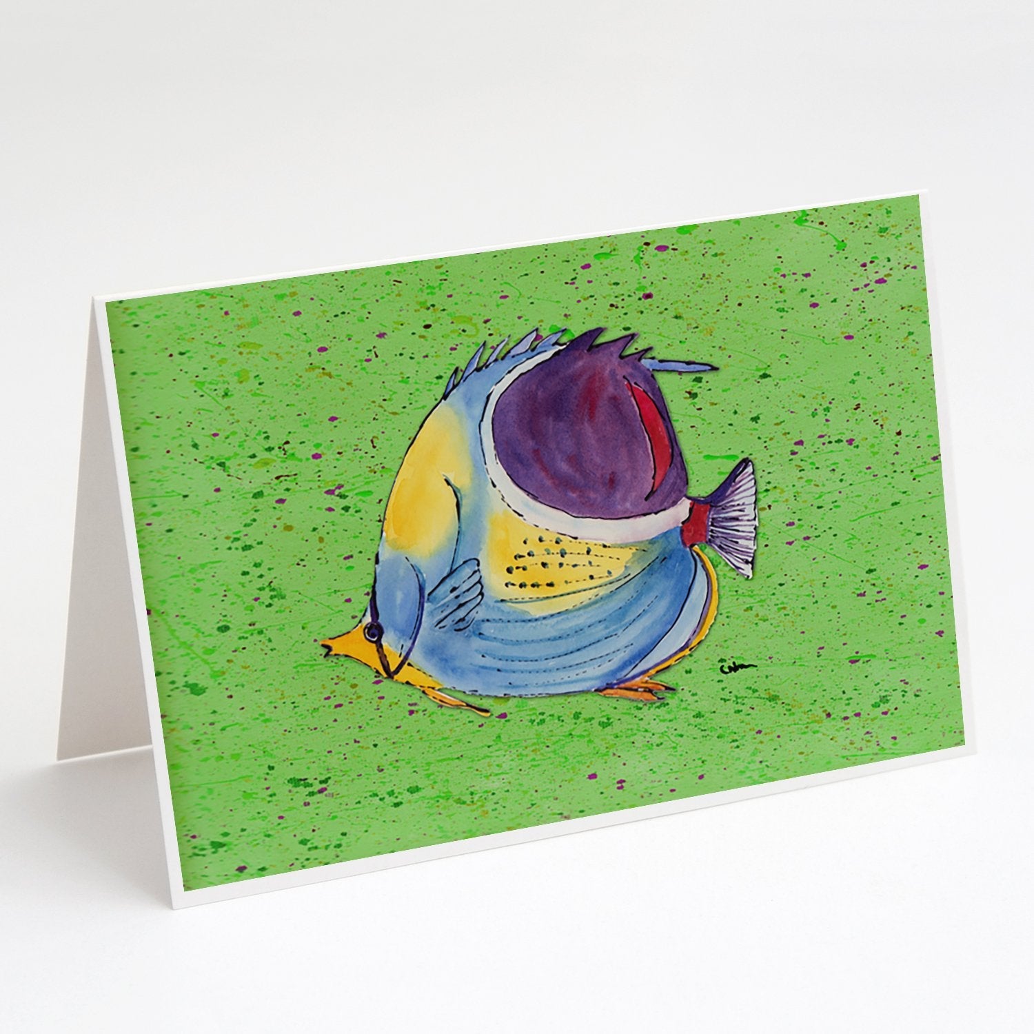 Tropical Fish on Green Greeting Cards Pack of 8 Blank Cards with Envelopes Whimsical A7 Size 5x7