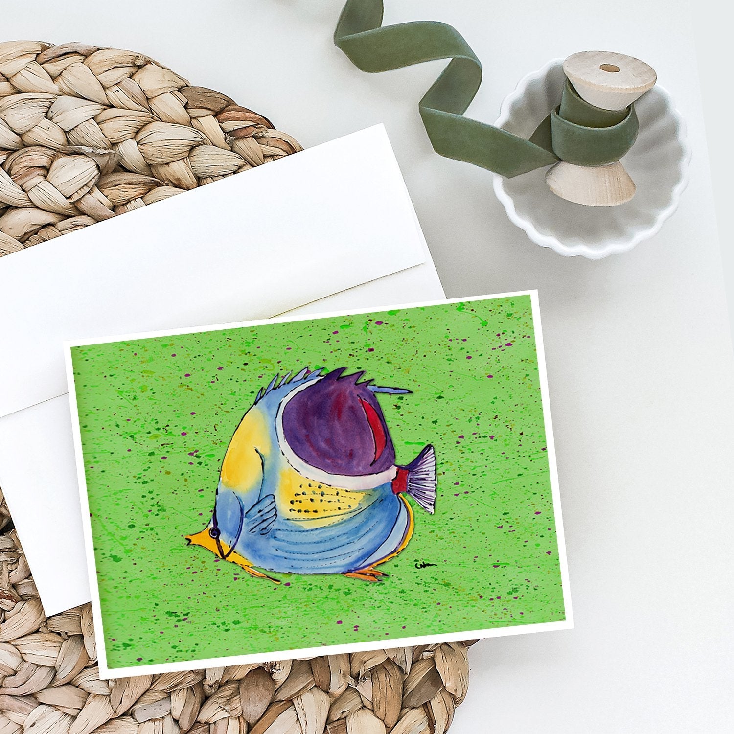 Tropical Fish on Green Greeting Cards Pack of 8 Blank Cards with Envelopes Whimsical A7 Size 5x7