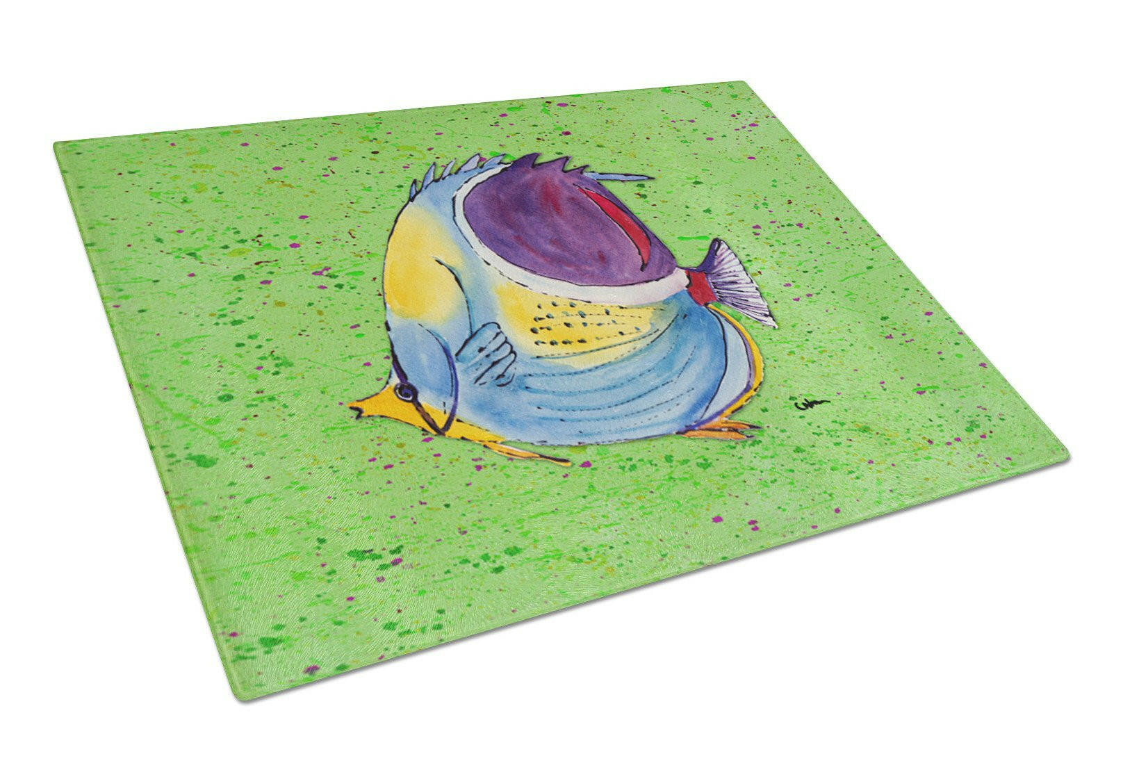 Tropical Fish on Green Cutting Board Tempered Glass Kitchen Cutting Surface, Heat Resistant Chopping, Non-Slip Feet, Food Prep & Serving