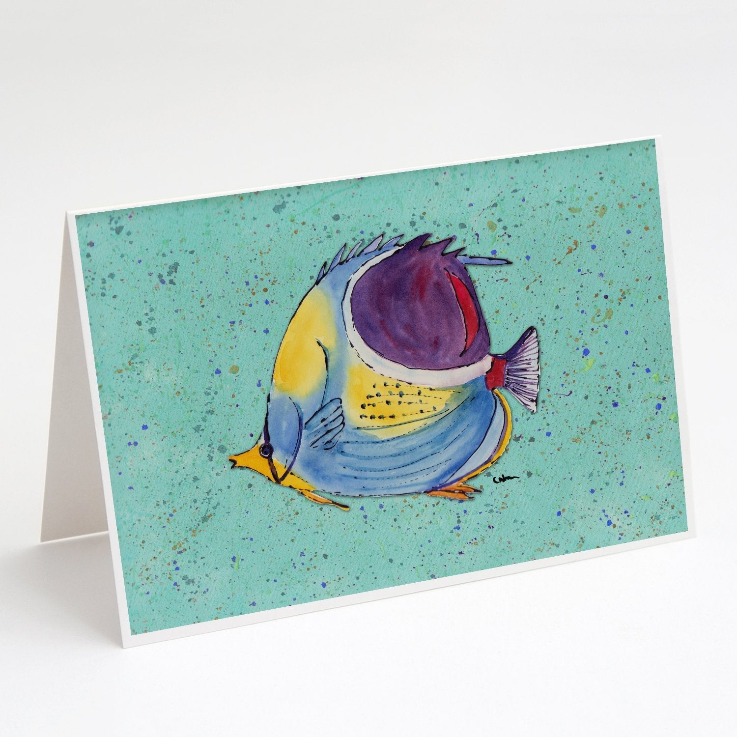 Tropical Fish on Teal Greeting Cards Pack of 8 Blank Cards with Envelopes Whimsical A7 Size 5x7
