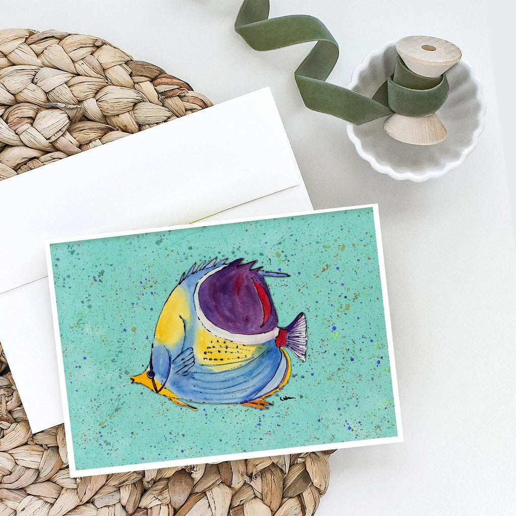 Tropical Fish on Teal Greeting Cards Pack of 8 Blank Cards with Envelopes Whimsical A7 Size 5x7