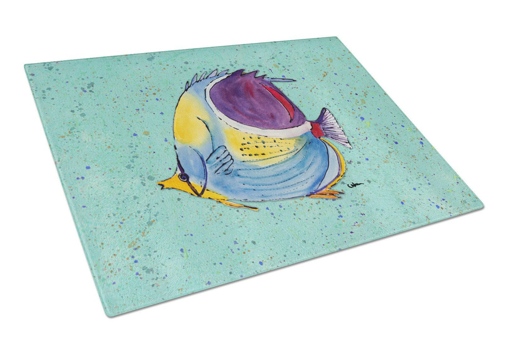 Tropical Fish on Teal Cutting Board Tempered Glass Kitchen Cutting Surface, Heat Resistant Chopping, Non-Slip Feet, Food Prep & Serving