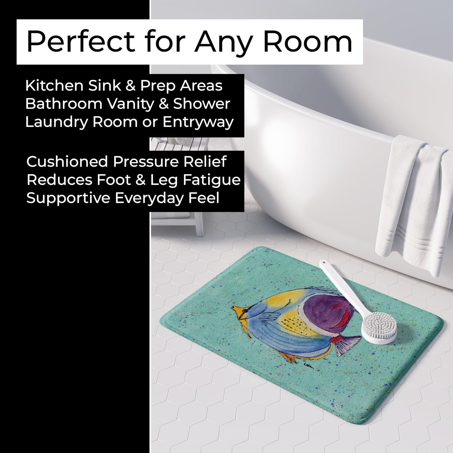 Tropical Fish on Teal Memory Foam Kitchen Mat Machine Washable Anti-Fatigue Cushion Comfort Bath or Kitchen Rug