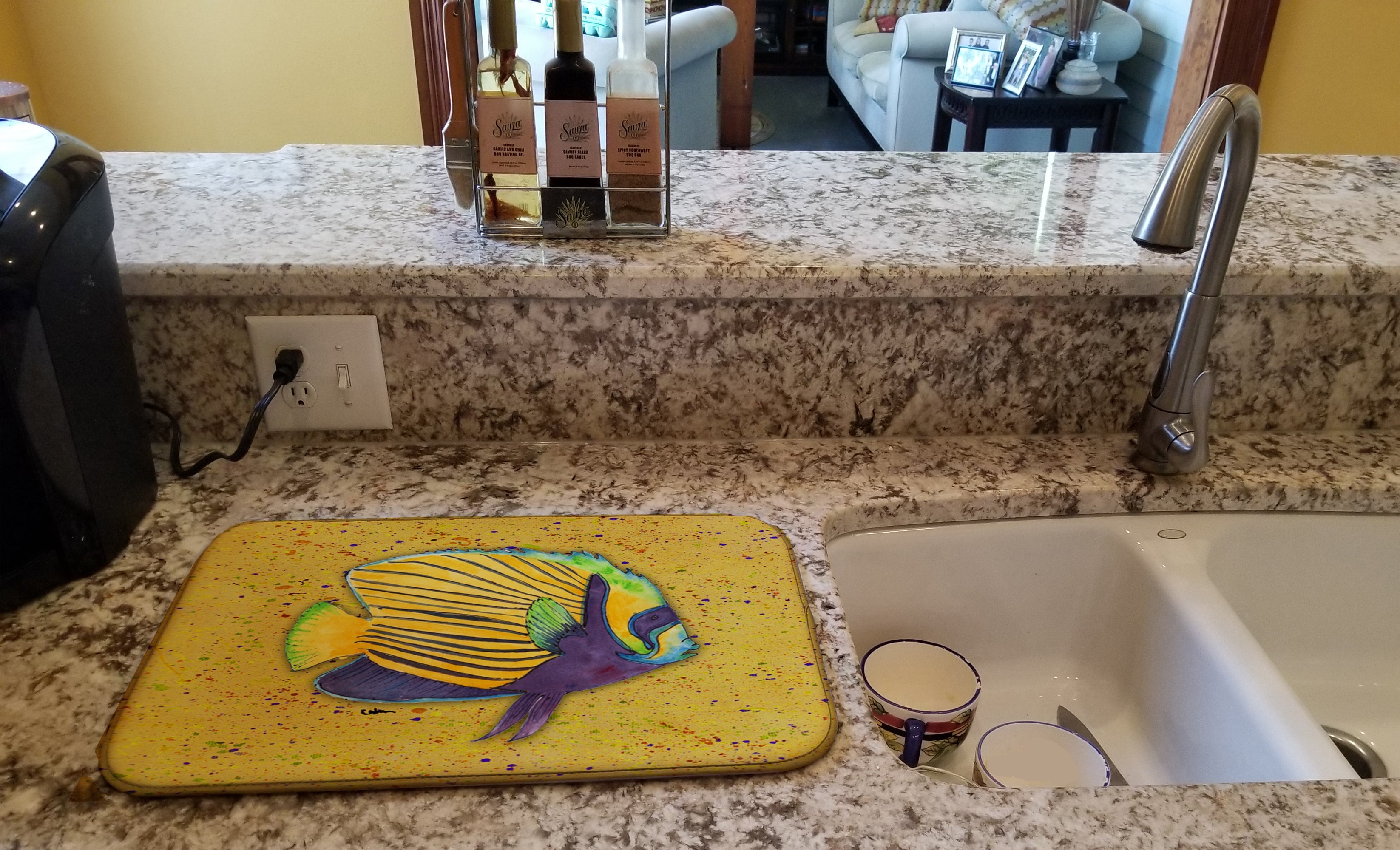 Tropical Fish on Mustard Dish Drying Mat Absorbent Dish Drying Mat Pad for Kitchen Counter Dish Drainer Mat for Countertop, 14 x 21", Multicolor
