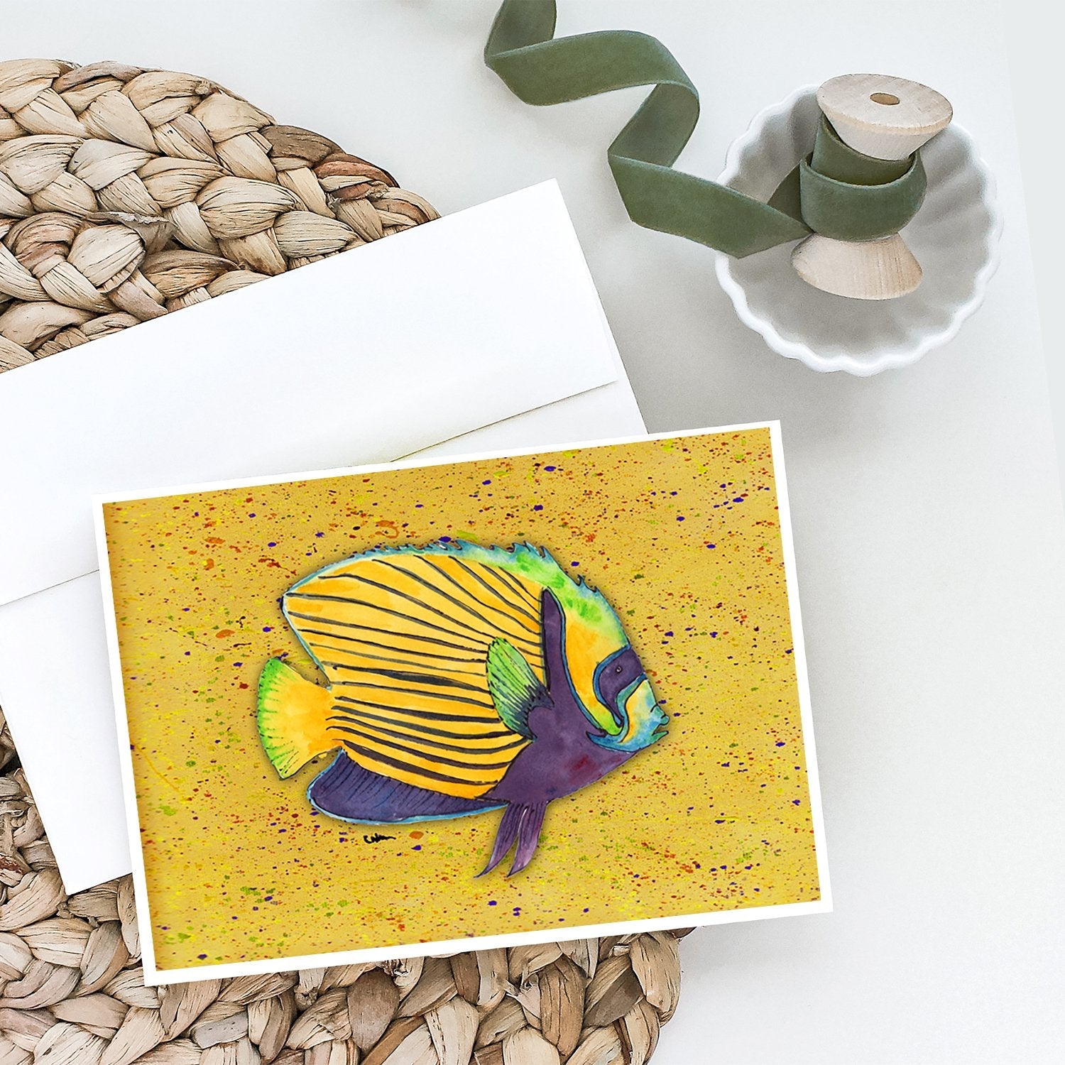 Tropical Fish on Mustard Greeting Cards Pack of 8 Blank Cards with Envelopes Whimsical A7 Size 5x7