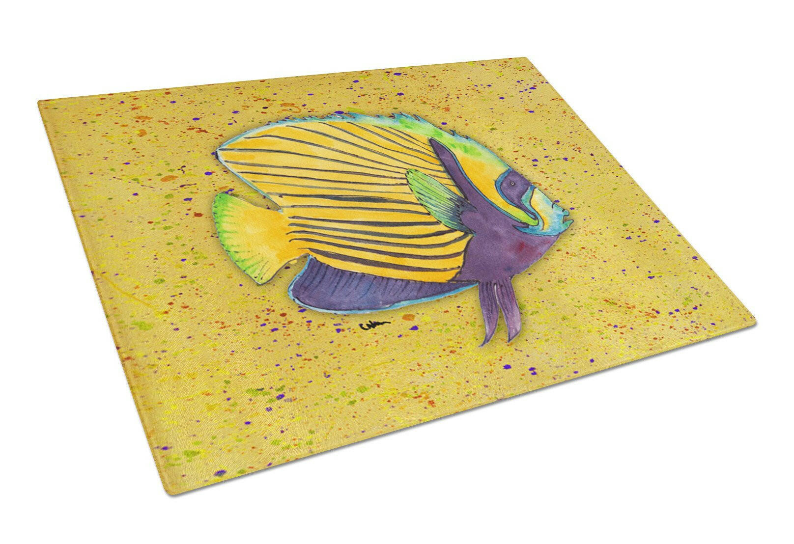 Tropical Fish on Mustard Cutting Board Tempered Glass Kitchen Cutting Surface, Heat Resistant Chopping, Non-Slip Feet, Food Prep & Serving