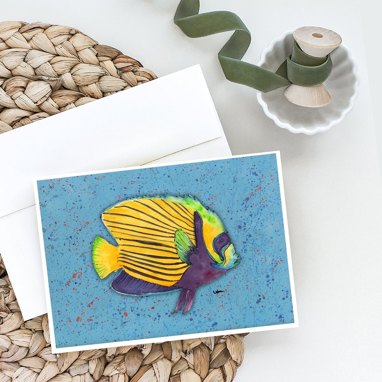 Tropical Fish on Blue Greeting Cards Pack of 8 Blank Cards with Envelopes Whimsical A7 Size 5x7