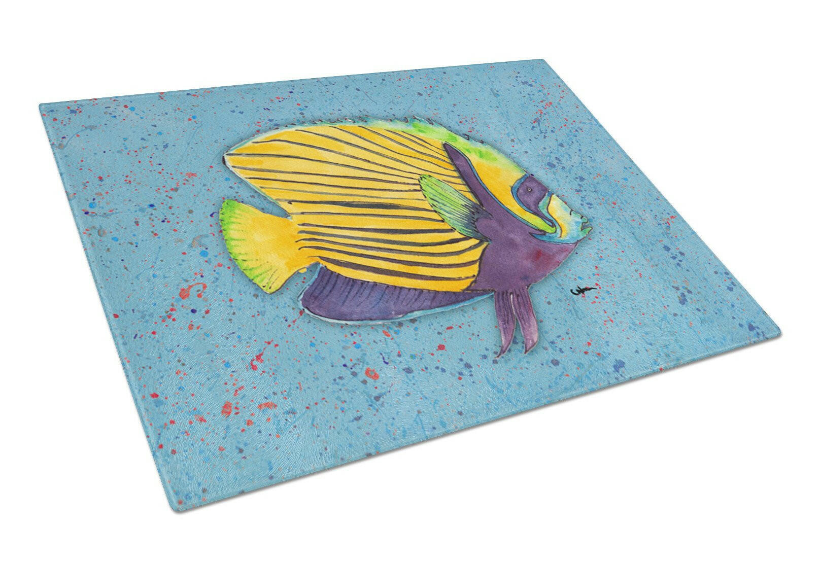 Tropical Fish on Blue Cutting Board Tempered Glass Kitchen Cutting Surface, Heat Resistant Chopping, Non-Slip Feet, Food Prep & Serving