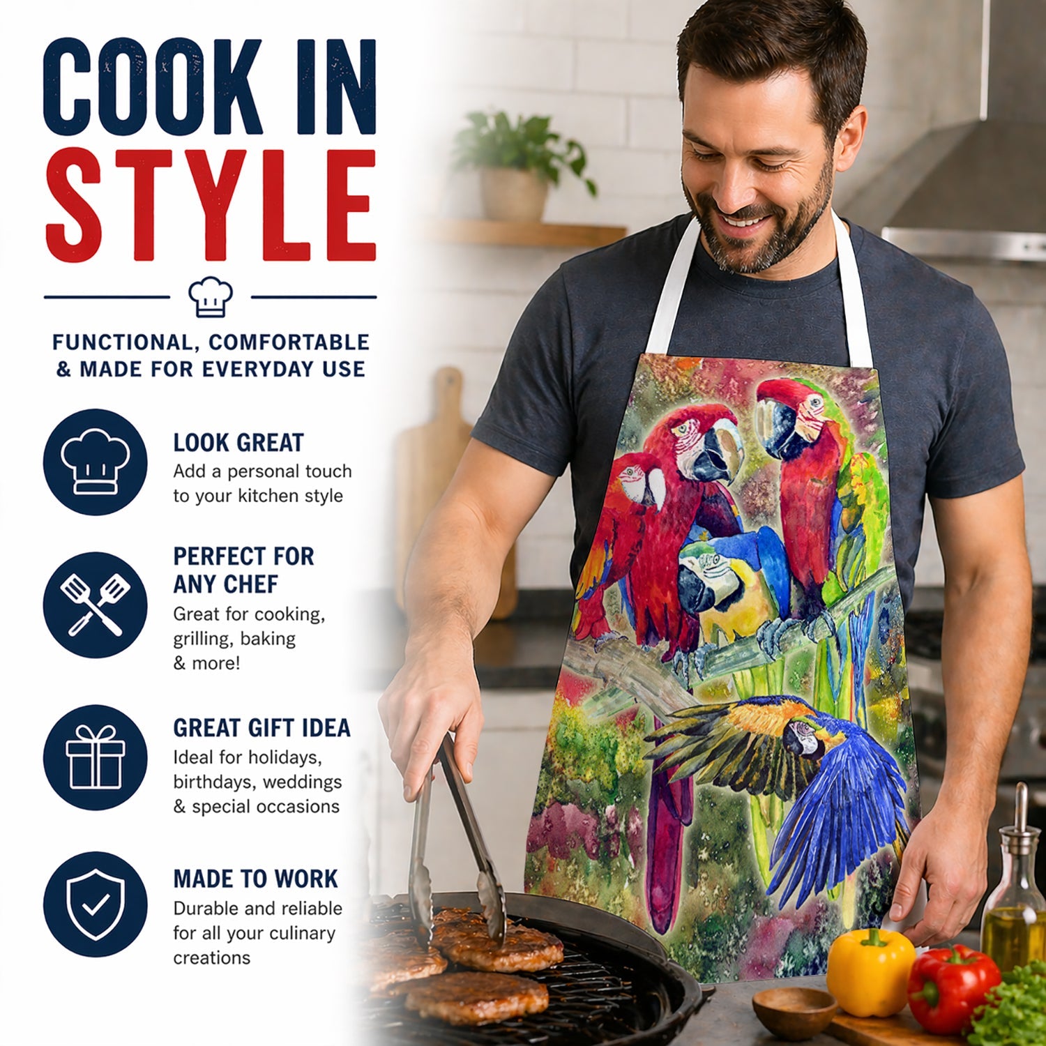 Parrot Apron Cooking Kitchen Server Baking Crafts Gardening for Adult Women Men, Unisex, Large, Multicolor