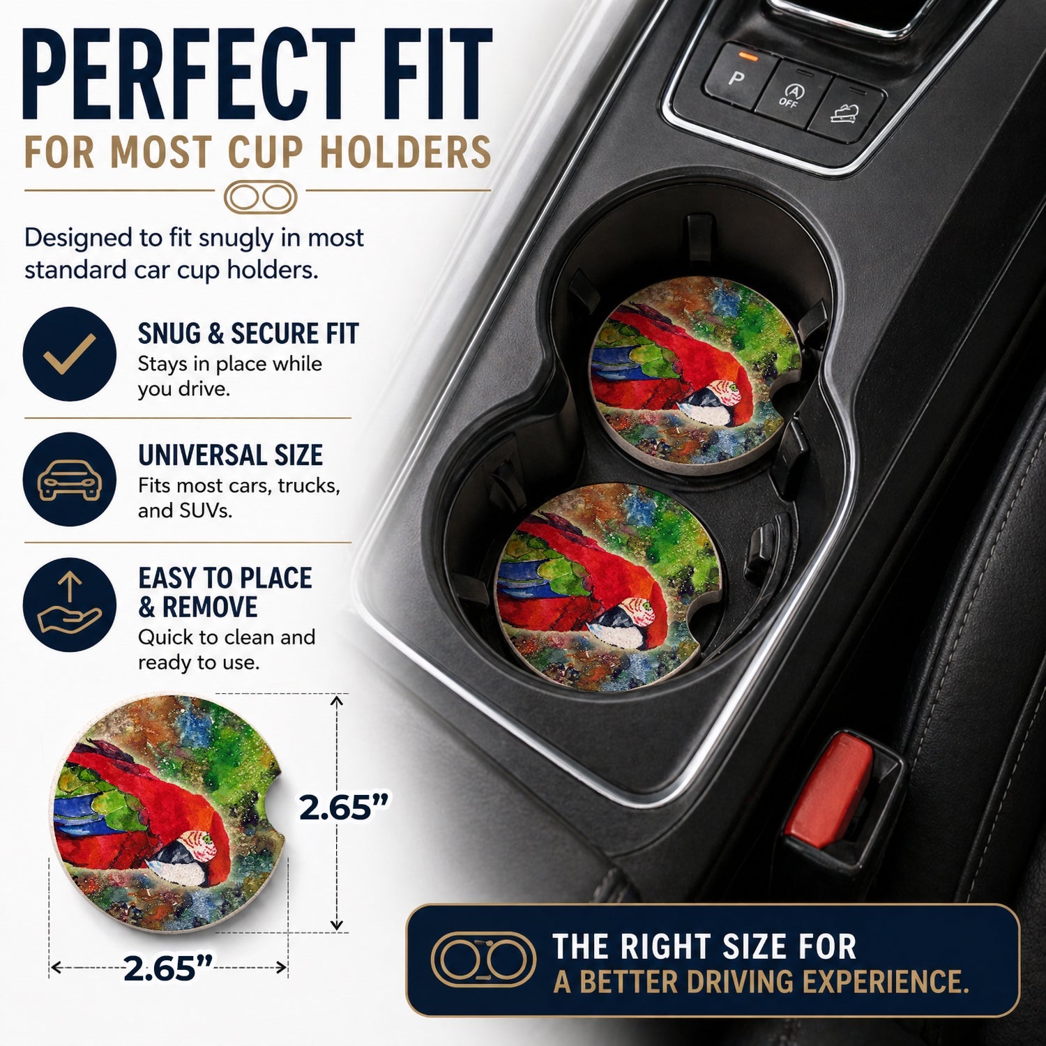 Parrot Set of 2 Cup Holder Car Coasters Absorbent Round Sandstone Coasters Gifts for Men or Women, 2.5, Multicolor