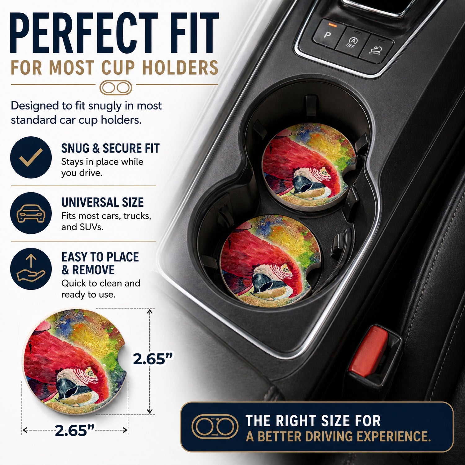 Bird - Parrot Set of 2 Cup Holder Car Coasters Absorbent Round Sandstone Coasters Gifts for Men or Women, 2.5, Multicolor