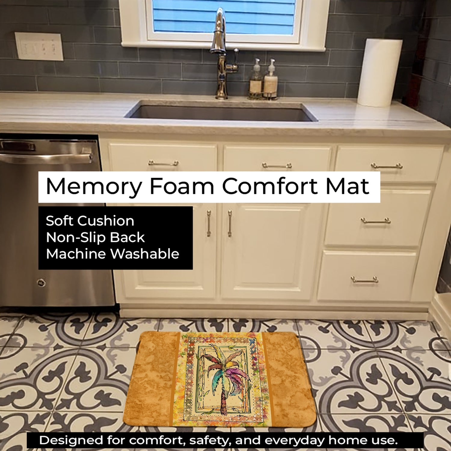Palm Tree Memory Foam Kitchen Mat Machine Washable Anti-Fatigue Cushion Comfort Bath or Kitchen Rug
