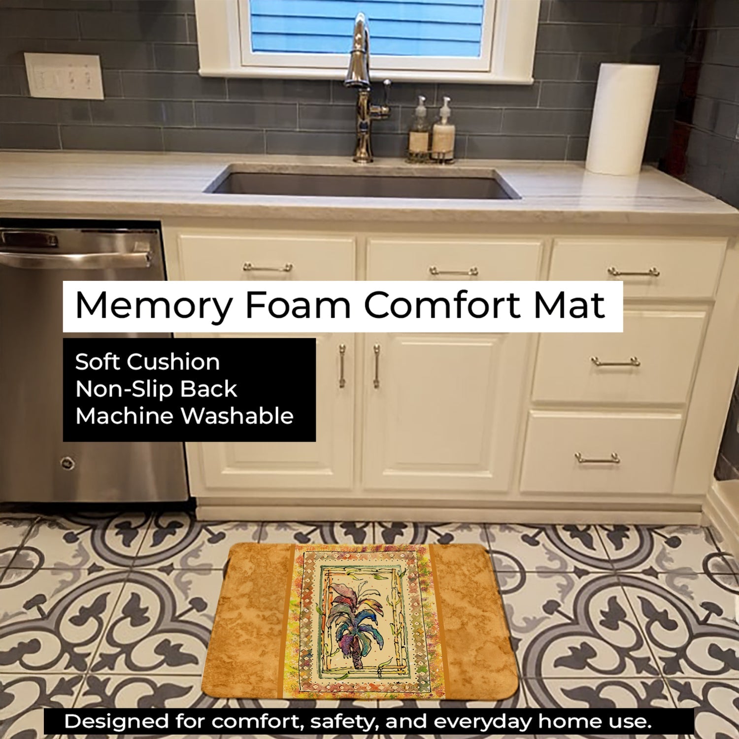 Palm Tree Memory Foam Kitchen Mat Machine Washable Anti-Fatigue Cushion Comfort Bath or Kitchen Rug