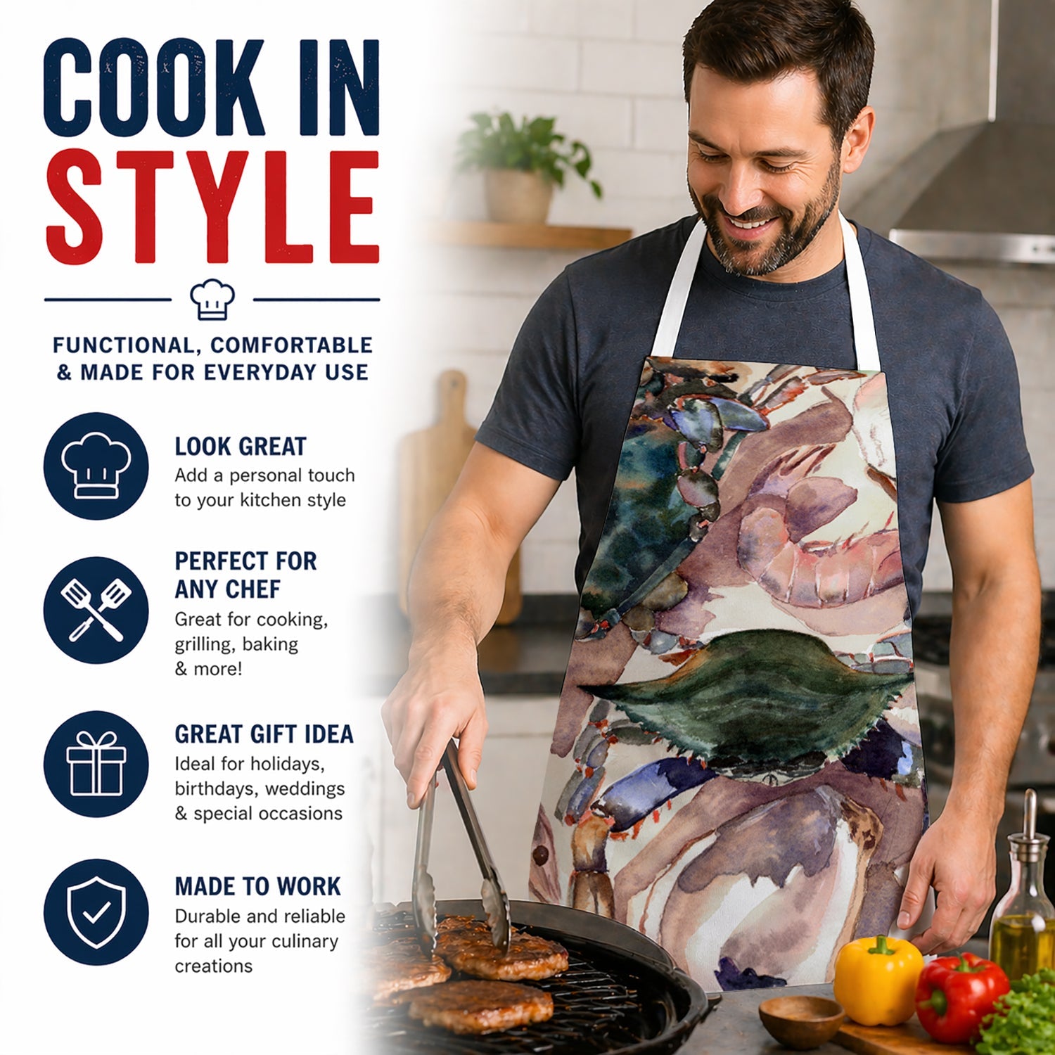 Crab Apron Cooking Kitchen Server Baking Crafts Gardening for Adult Women Men, Unisex, Large, Multicolor
