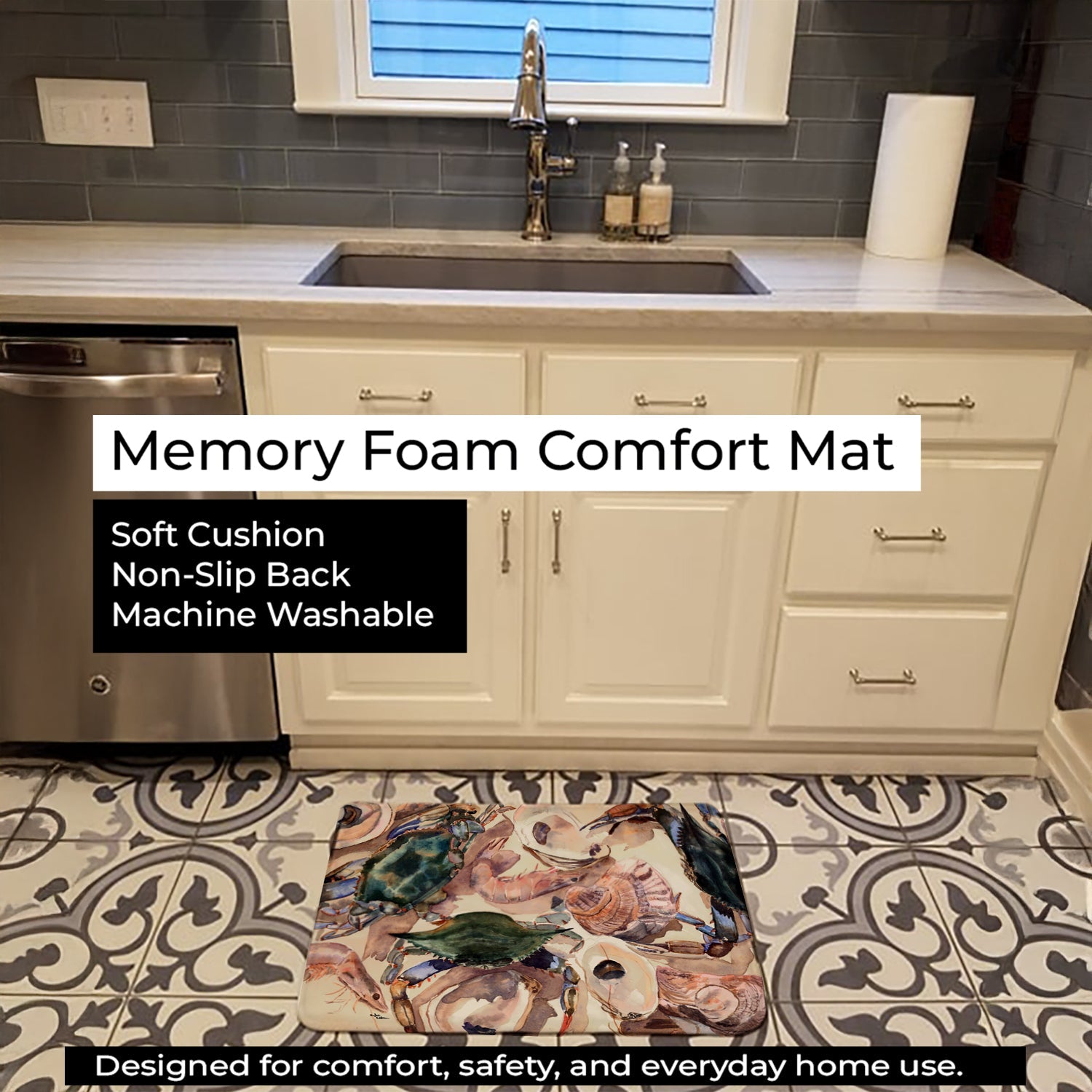 Crab Memory Foam Kitchen Mat Machine Washable Anti-Fatigue Cushion Comfort Bath or Kitchen Rug