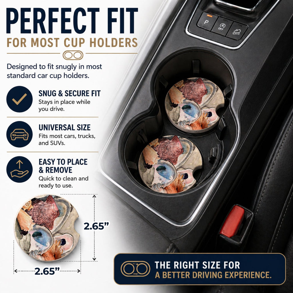 Sea Shells Set of 2 Cup Holder Car Coasters Absorbent Round Sandstone Coasters Gifts for Men or Women, 2.5, Multicolor