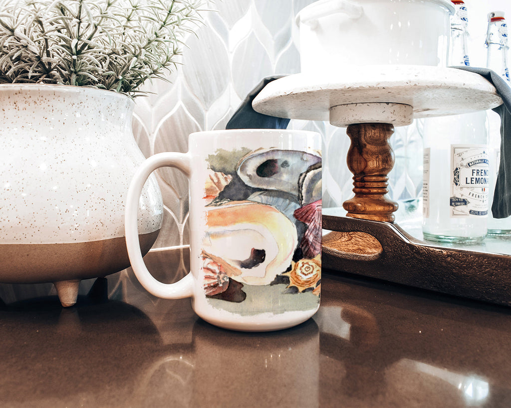 Sea Shells Ceramic Coffee Mug 15 oz Decorative Large C Handle Mug Cup for Tea, Cocoa Hot Chocolate