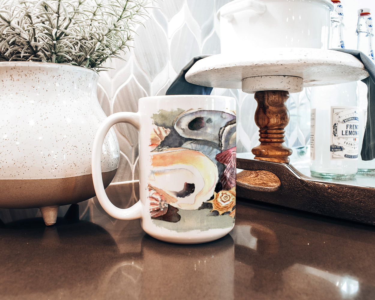 Sea Shells Ceramic Coffee Mug 15 oz Decorative Large C Handle Mug Cup for Tea, Cocoa Hot Chocolate