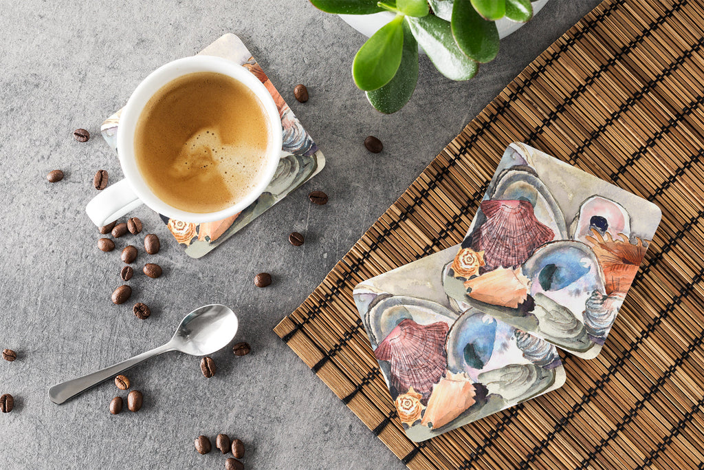 Sea Shells Foam Coasters Set of 4 Cup Coasters for Indoor Outdoor, Tabletop Protection, Anti Slip, Mouse pad Material