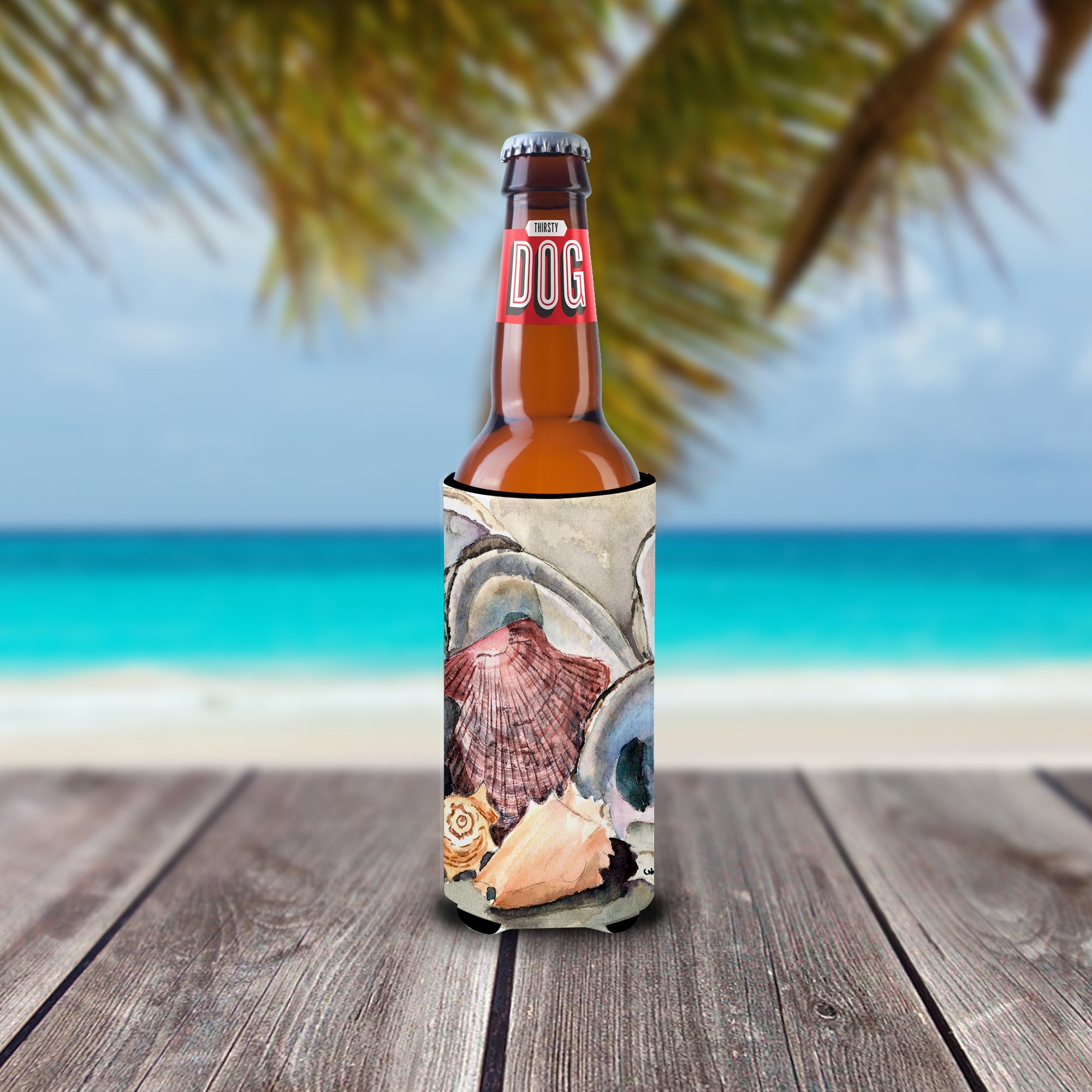 Sea Shells Slim Can Hugger , Insulated Foam Hugger for 12 oz Slim Cans, Beer Bottles & Water Bottles, Printed in USA