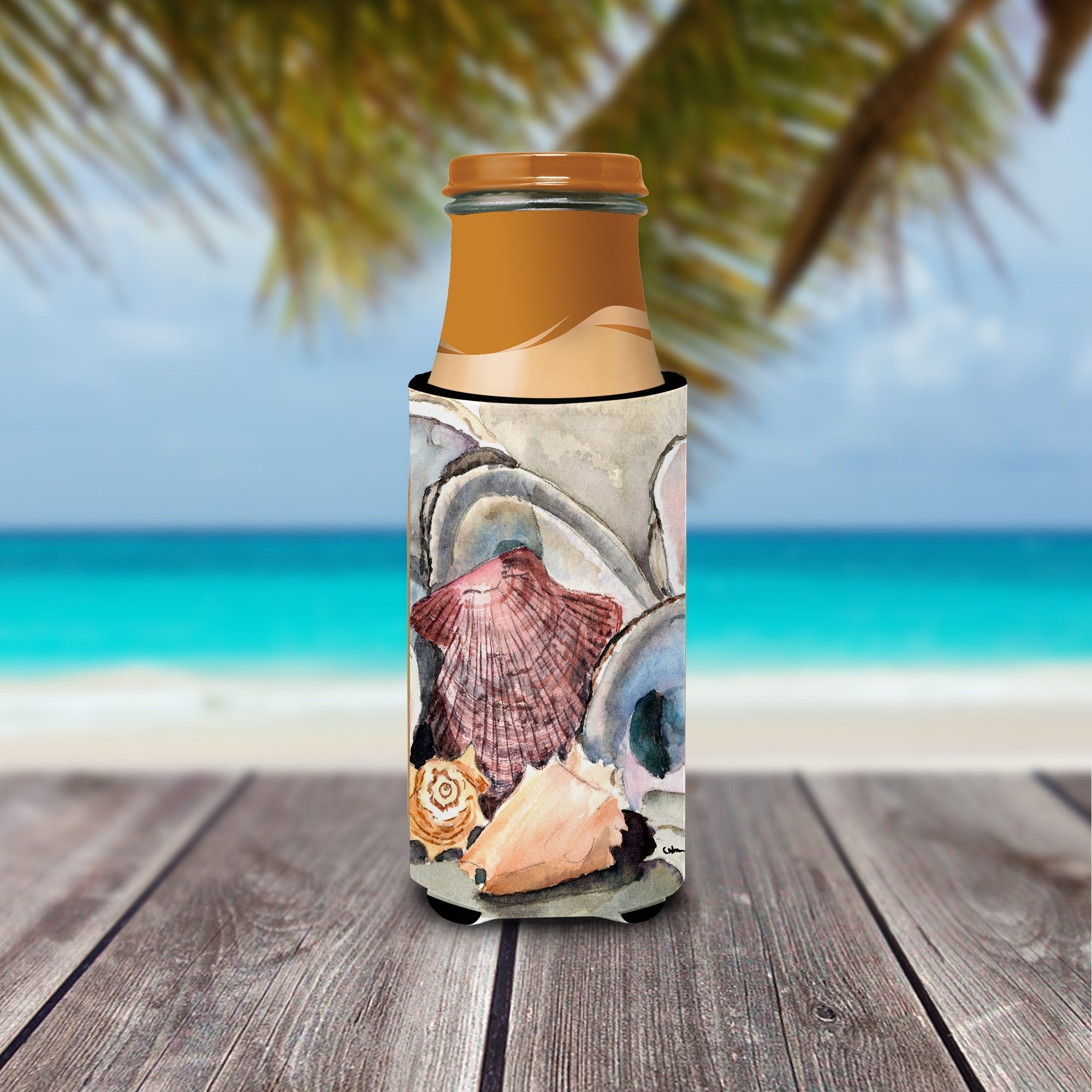 Sea Shells Slim Can Hugger , Insulated Foam Hugger for 12 oz Slim Cans, Beer Bottles & Water Bottles, Printed in USA