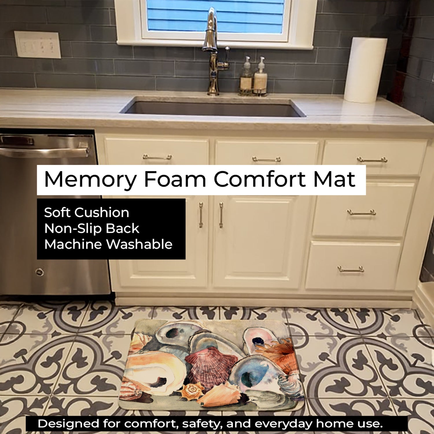 Sea Shells Memory Foam Kitchen Mat Machine Washable Anti-Fatigue Cushion Comfort Bath or Kitchen Rug