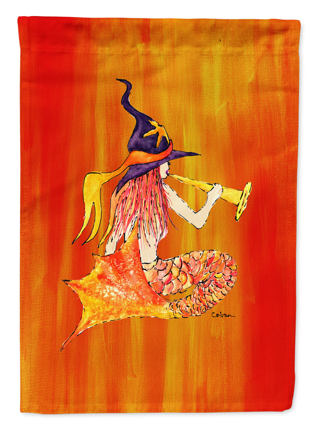 Mermaid in Witches Hat Halloween House Flag 28x40 Porch Sleeve Pole Decorative Outside Yard Banner Artwork Wall Hanging, Polyester