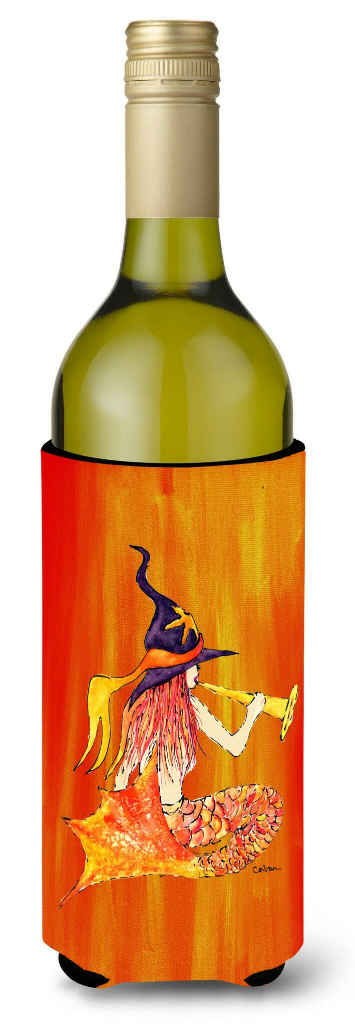 Mermaid in Witches Hat Halloween Wine Bottle Hugger Gift Sleeve for Standard 750 ml Bottles, Insulated Reusable Also Fits Mini Shot & Pint Bottles