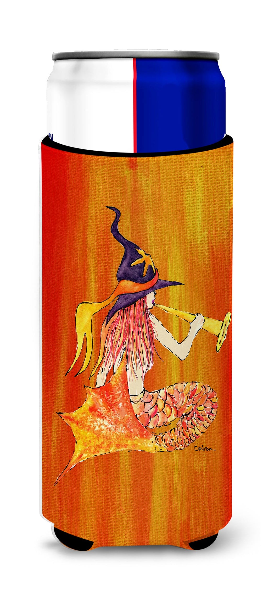 Mermaid in Witches Hat Halloween Slim Can Hugger , Insulated Foam Hugger for 12 oz Slim Cans, Beer Bottles & Water Bottles, Printed in USA