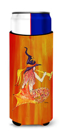 Mermaid in Witches Hat Halloween Slim Can Hugger , Insulated Foam Hugger for 12 oz Slim Cans, Beer Bottles & Water Bottles, Printed in USA
