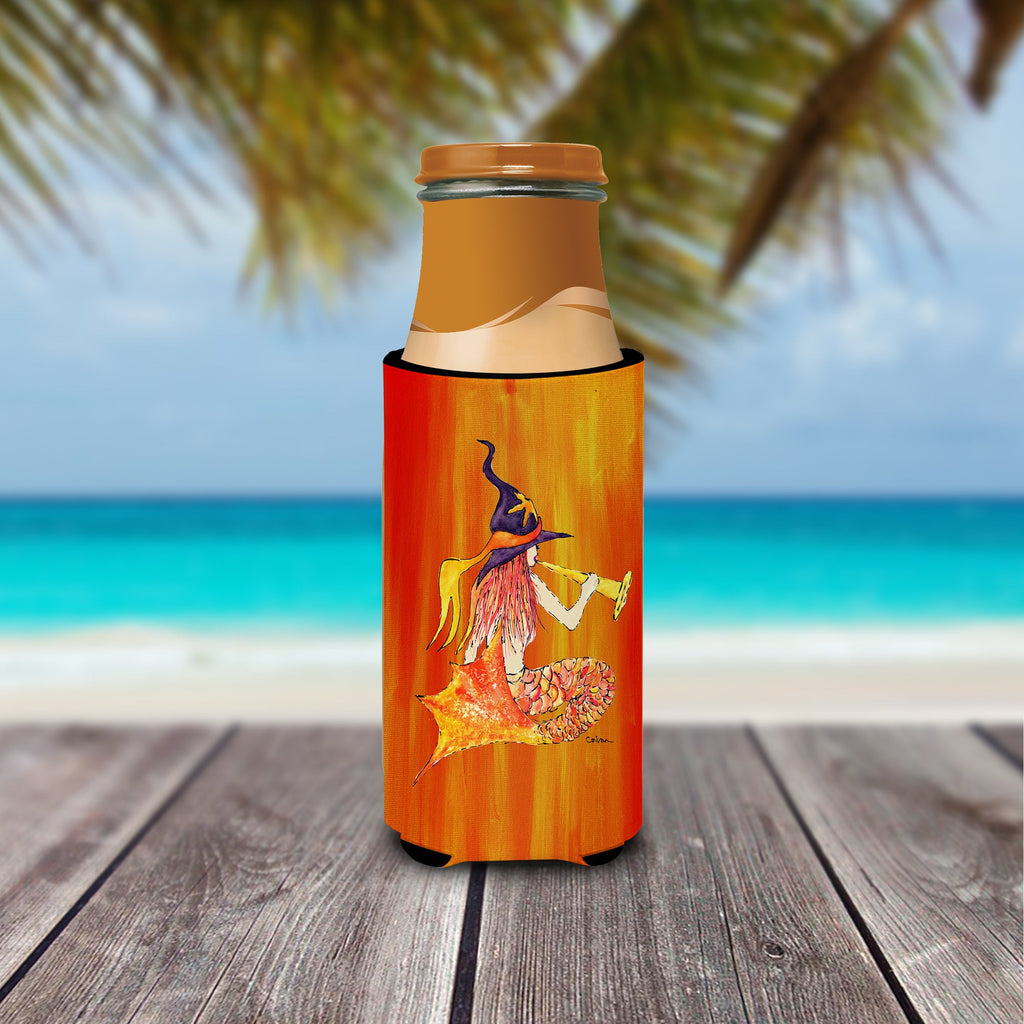 Mermaid in Witches Hat Halloween Slim Can Hugger , Insulated Foam Hugger for 12 oz Slim Cans, Beer Bottles & Water Bottles, Printed in USA