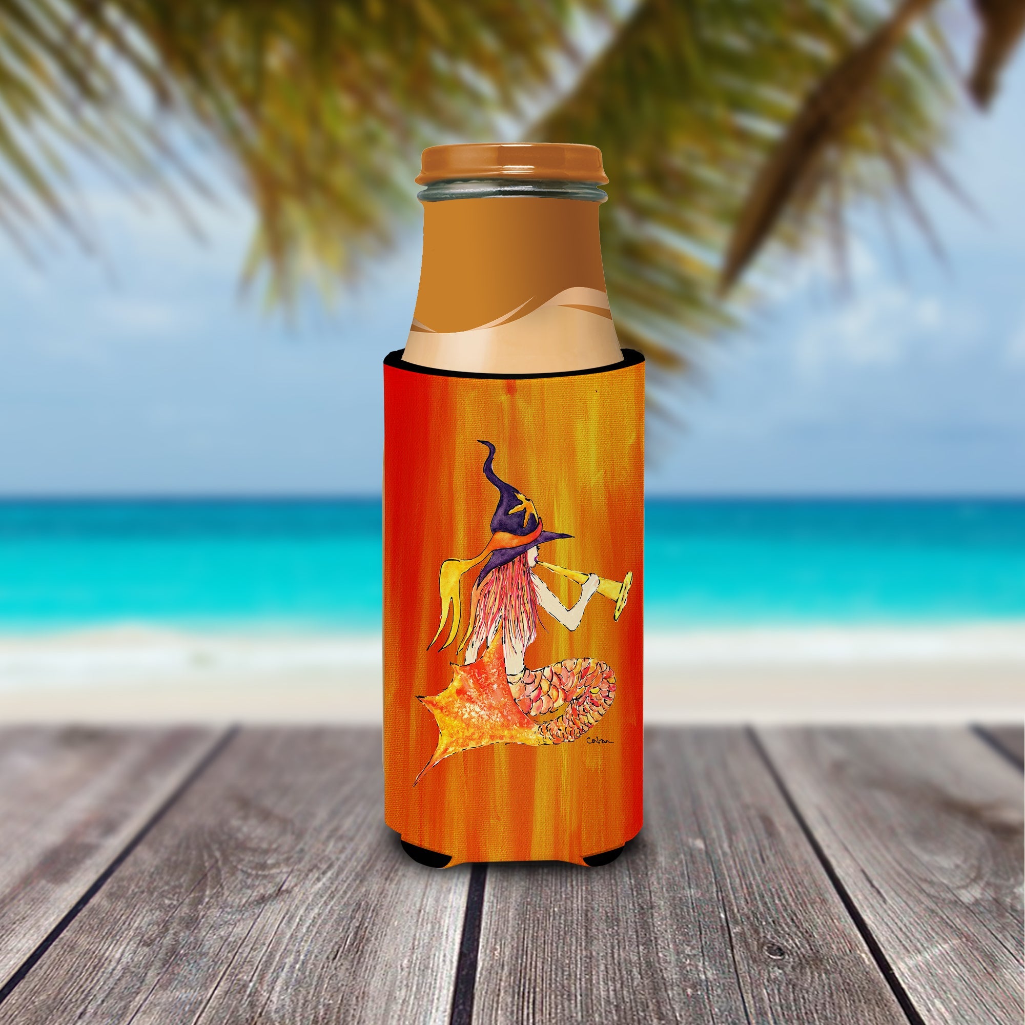 Mermaid in Witches Hat Halloween Slim Can Hugger , Insulated Foam Hugger for 12 oz Slim Cans, Beer Bottles & Water Bottles, Printed in USA