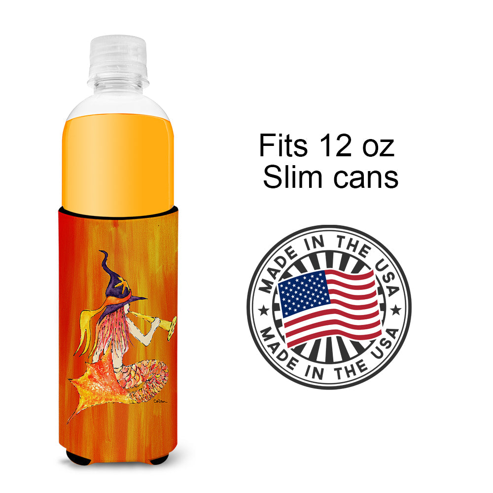 Mermaid in Witches Hat Halloween Slim Can Hugger , Insulated Foam Hugger for 12 oz Slim Cans, Beer Bottles & Water Bottles, Printed in USA