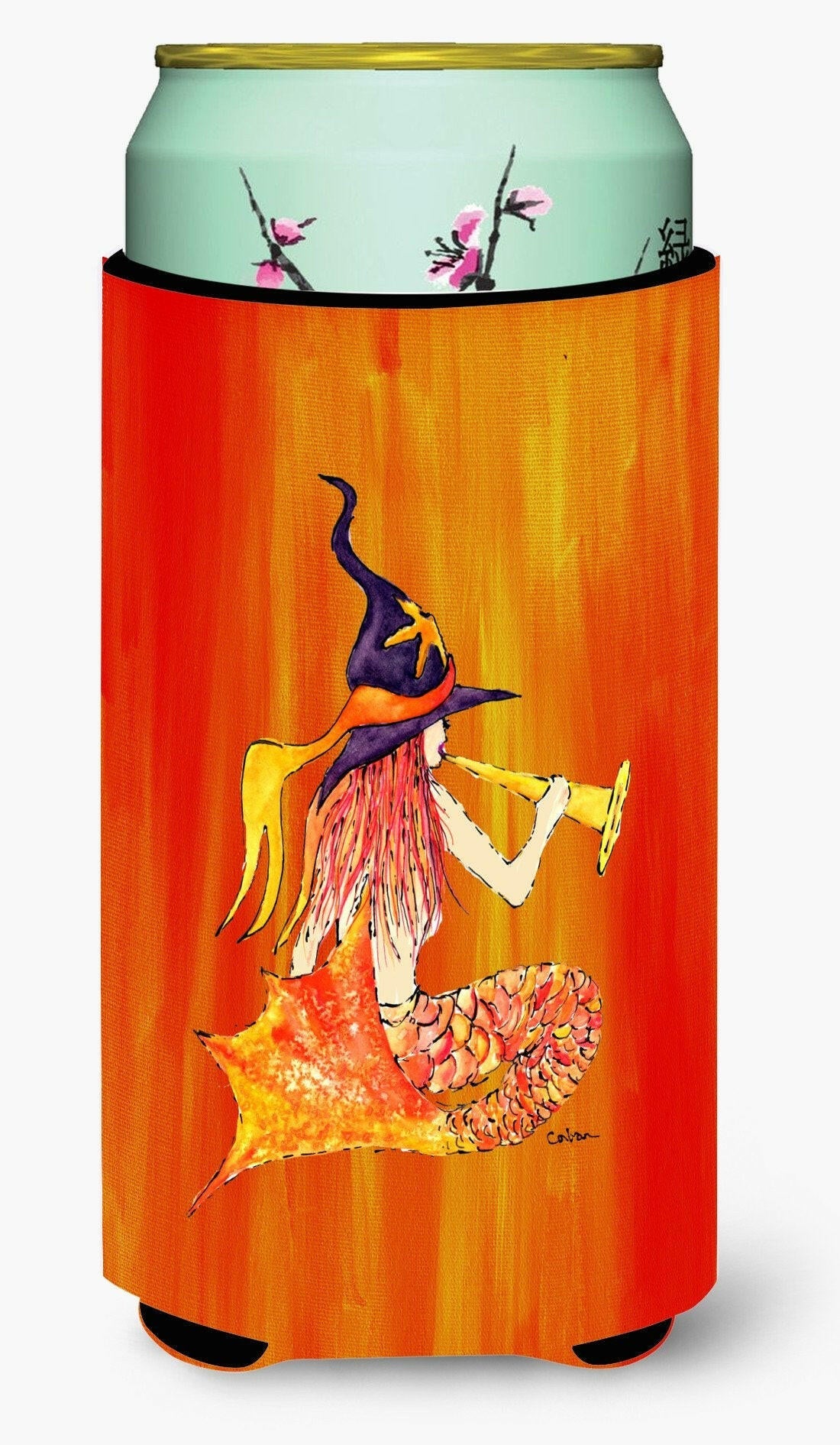 Mermaid in Witches Hat Halloween Tall Boy Hugger Can Cooler Sleeve Machine Washable Drink Collapsible Insulator Beverage Insulated Holder