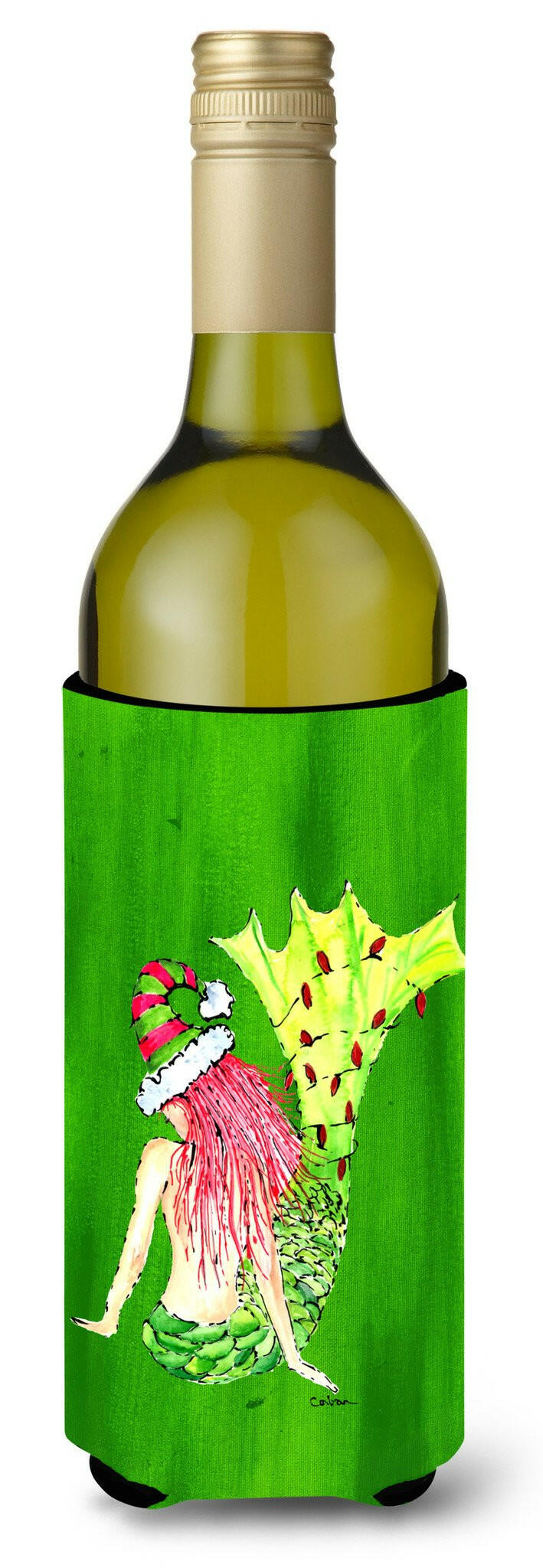 Christmas Mermaid in Lights Wine Bottle Hugger Gift Sleeve for Standard 750 ml Bottles, Insulated Reusable Also Fits Mini Shot & Pint Bottles