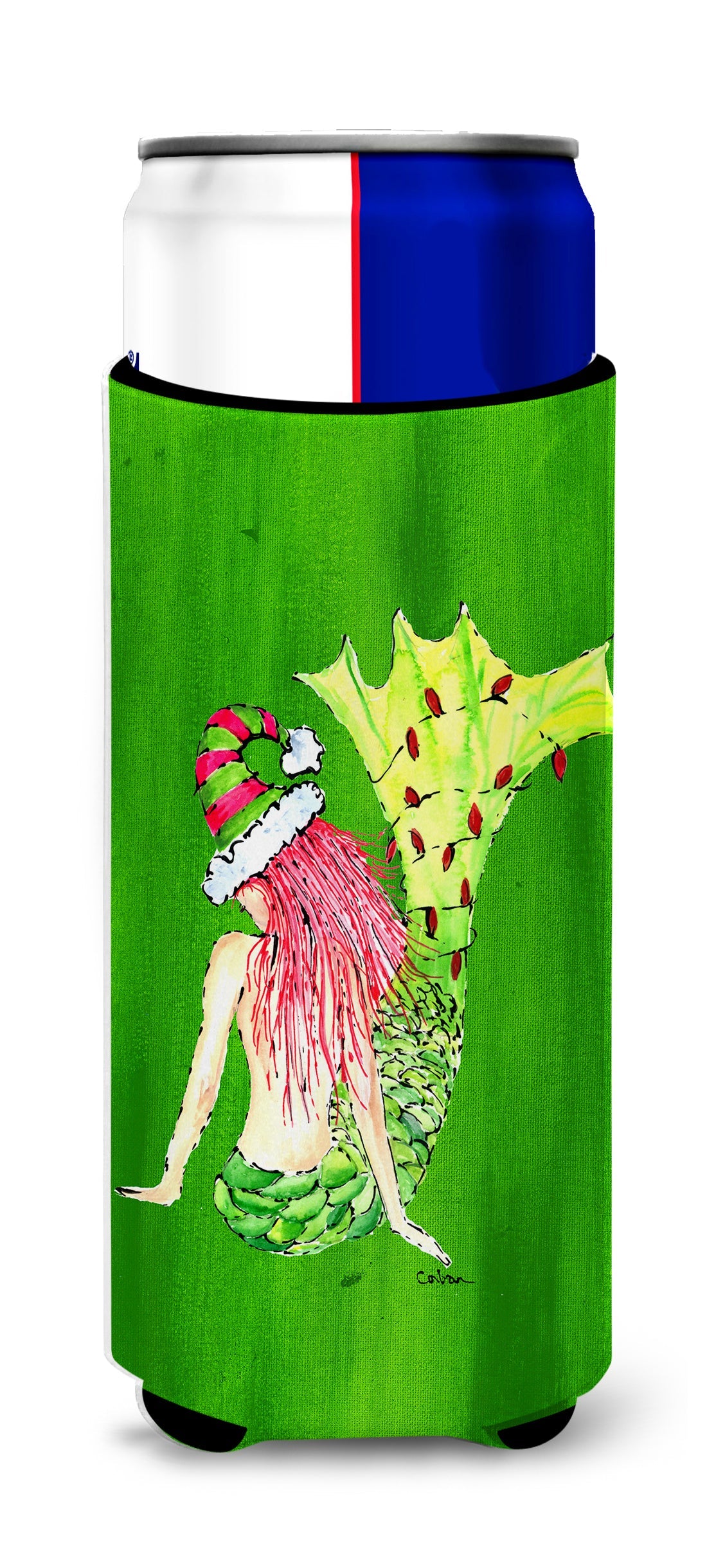 Christmas Mermaid in Lights Slim Can Hugger , Insulated Foam Hugger for 12 oz Slim Cans, Beer Bottles & Water Bottles, Printed in USA